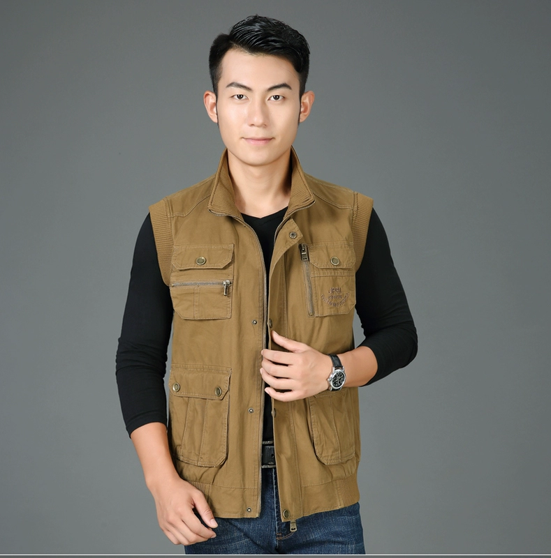 Bố tải nhiều túi cotton nam vest bình thường mùa xuân và mùa thu vest mỏng vest trung niên áo khoác thu đông