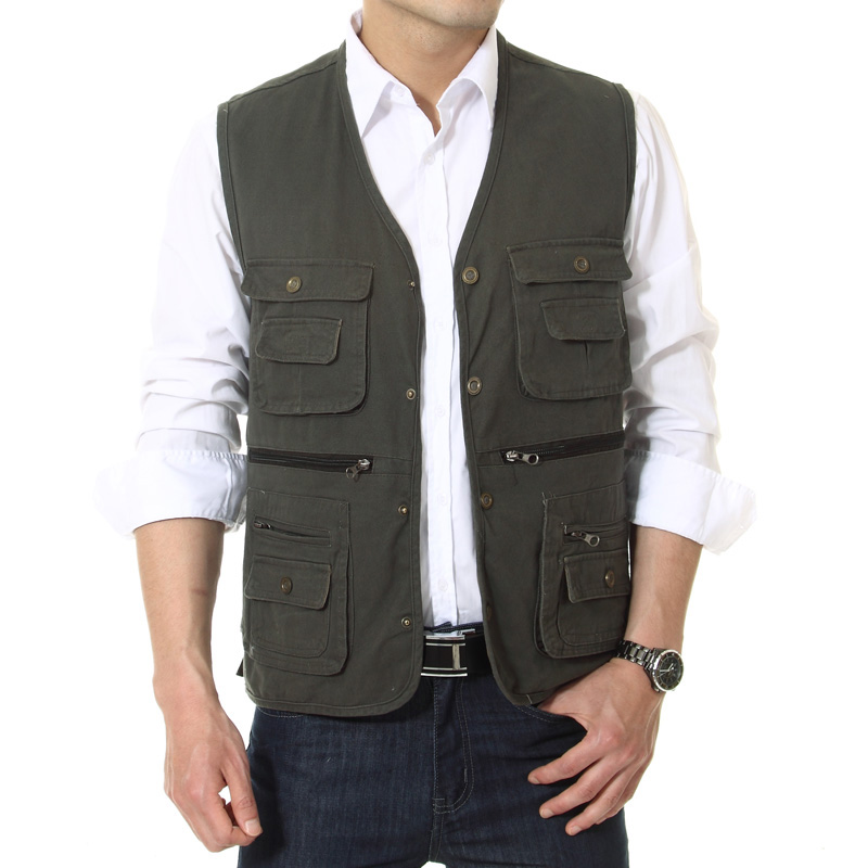 Áo vest câu cá ngoài trời mùa hè trung niên và tuổi già cotton nhiều túi mùa xuân và mùa thu vest nam trung niên - Dệt kim Vest áo vest nam hàn quốc