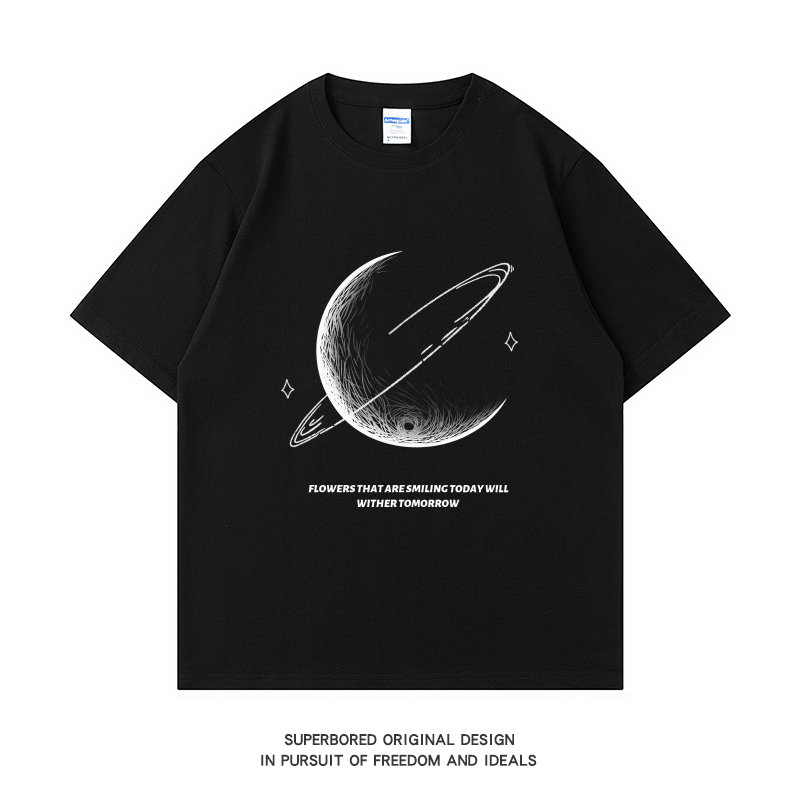 ins Hong Kong Style Trendy Brand Crescent Moon Print Short-Sleeved T-Shirt for Men, Summer Pure Cotton Loose Casual Large Size Round Neck Half-Sleeve