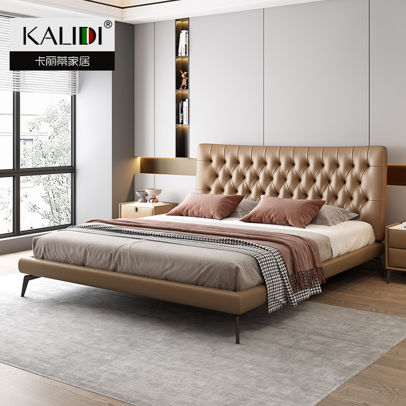 Leather bed light luxury modern minimalist master bedroom big bed upholstered net red wedding bed Italian style minimalist high-end American double bed