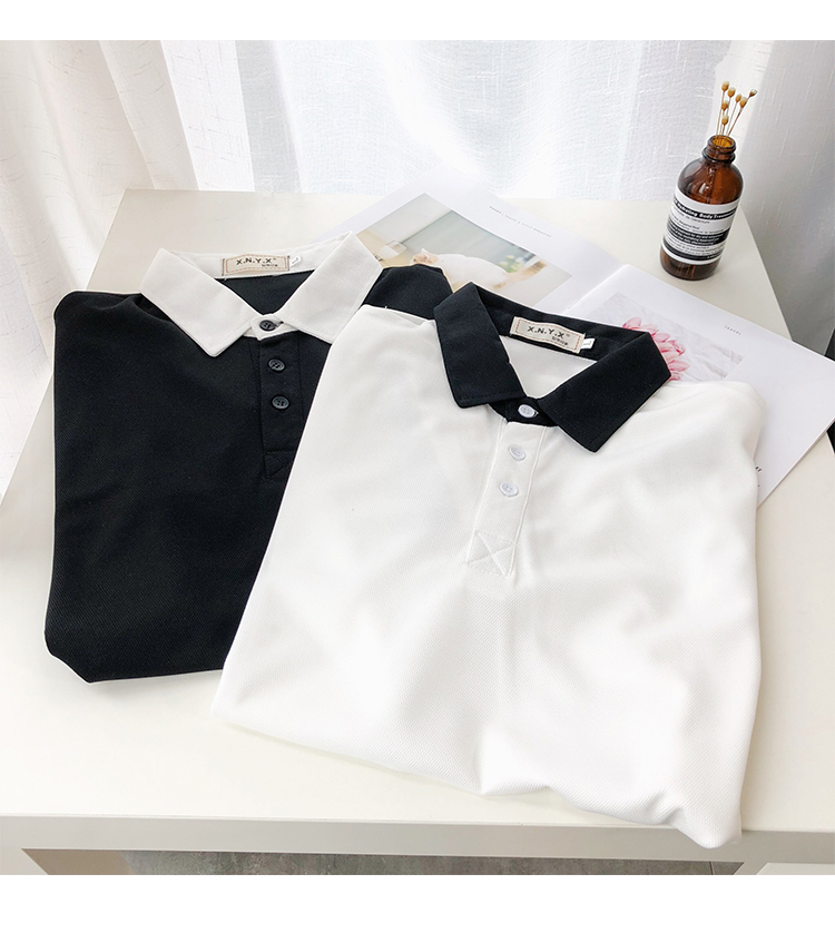 Hồng Kông phong cách ngắn tay polo áo sơ mi nam Harajuku phong cách bf mùa hè sinh viên ins các cặp vợ chồng trang trí cơ thể sọc ve áo T-Shirt xu hướng áo polo có cổ