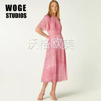 沃格英国lkb牌春夏新品王妃同款柔美粉白豹纹印花飘逸真丝连衣裙