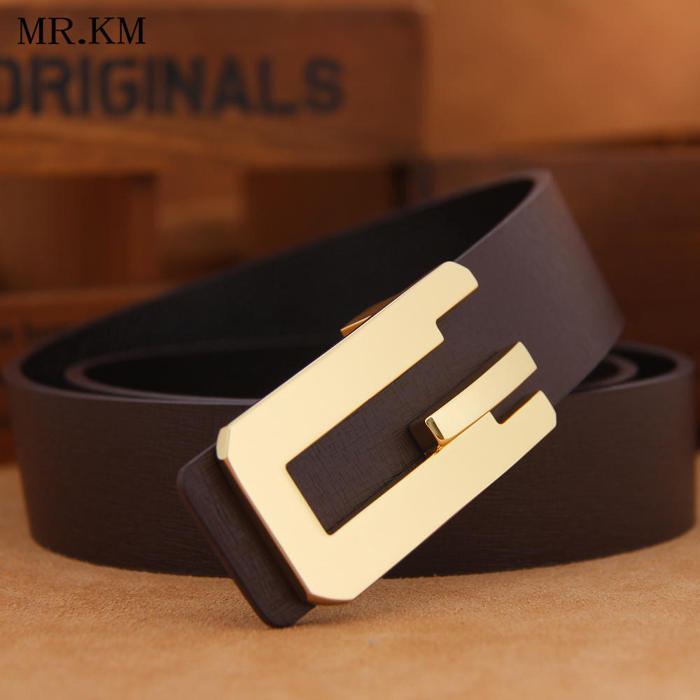 MR KM fashion trendy men's double-sided leather business belt men's smooth buckle all-match belt middle-aged and young