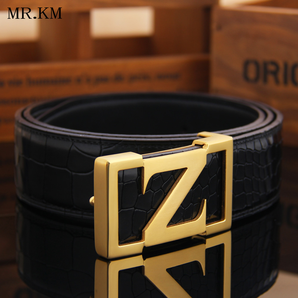 MR KM fashion handsome gas wire drawing stainless steel Z word belt head knife cut grain cow leather belt leather belt leather belt men's pants strap