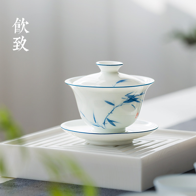 Drink to white porcelain small number three only cover bowl tea cup Jingdezhen Hand painted green flower porcelain single thin tire Kung Fu tea set high-end