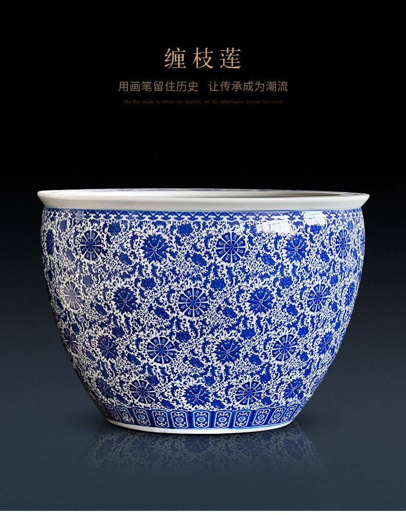 Jingdezhen ceramic aquarium bowl lotus lotus lotus cylinder cylinder tortoise home sitting room is blue and white bowl lotus basin water tanks