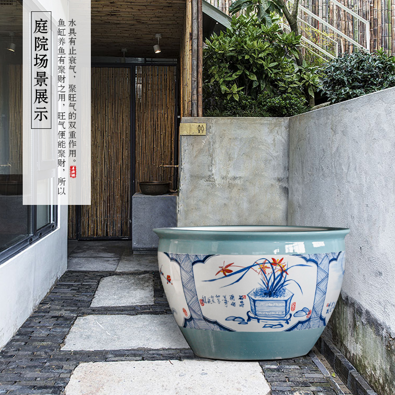Jingdezhen ceramic aquarium extra large courtyard fish bowl lotus lotus cylinder household aquarium tank wind outside