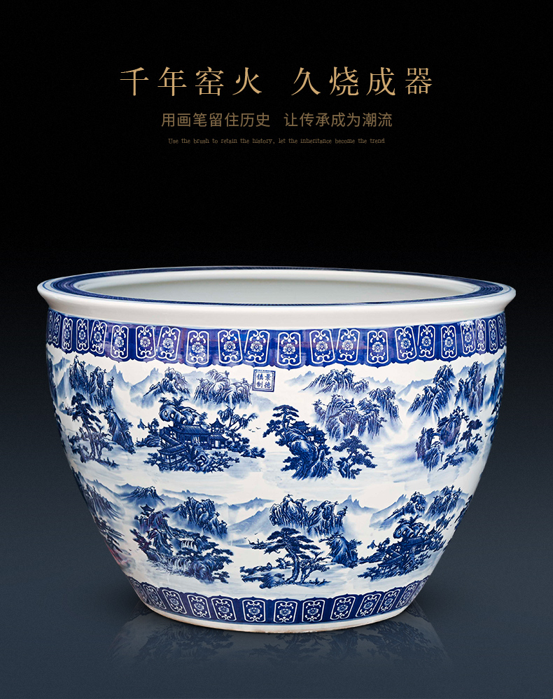 Jingdezhen ceramic blue 1 meter aquarium turtle cylinder goldfish bowl lotus household decorates sitting room small place