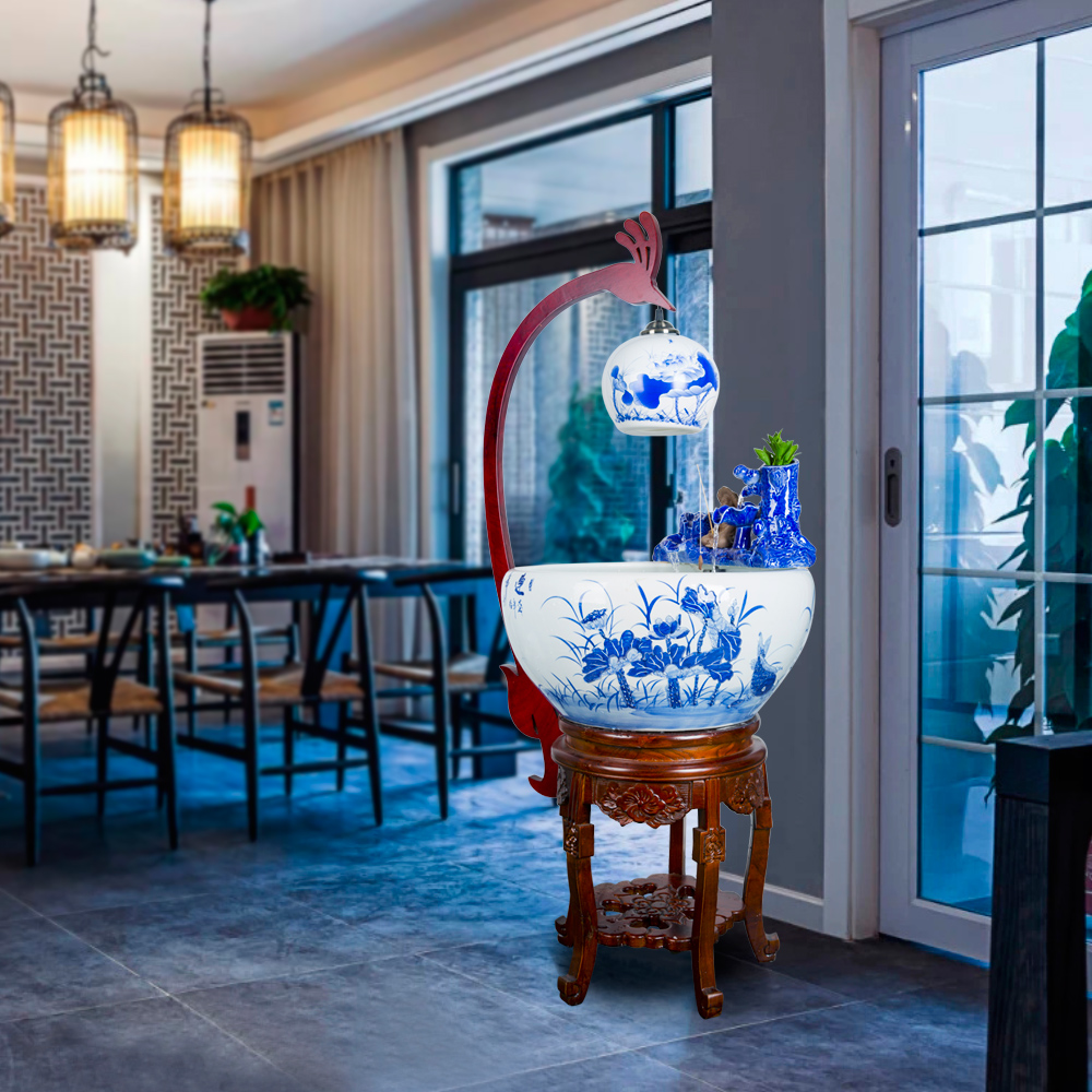 Blue and white porcelain aquarium fish bowl loop filtering large breeding goldfish pond lily sitting room scene in plutus cylinder furnishing articles