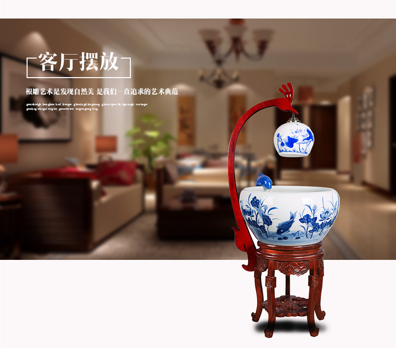 Blue and white porcelain aquarium fish bowl loop filtering large breeding goldfish pond lily sitting room scene in plutus cylinder furnishing articles