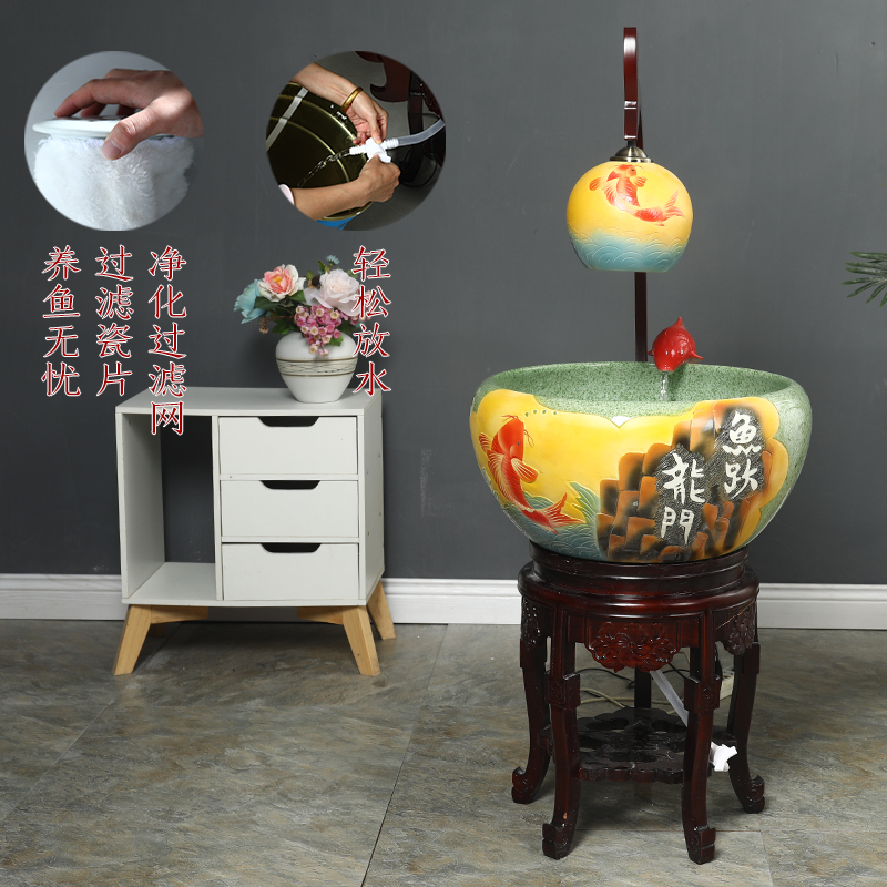 Jingdezhen ceramic aquarium fountain loop filter aerobic basin goldfish bowl lotus cylinder aquarium ceramic fortune sitting room