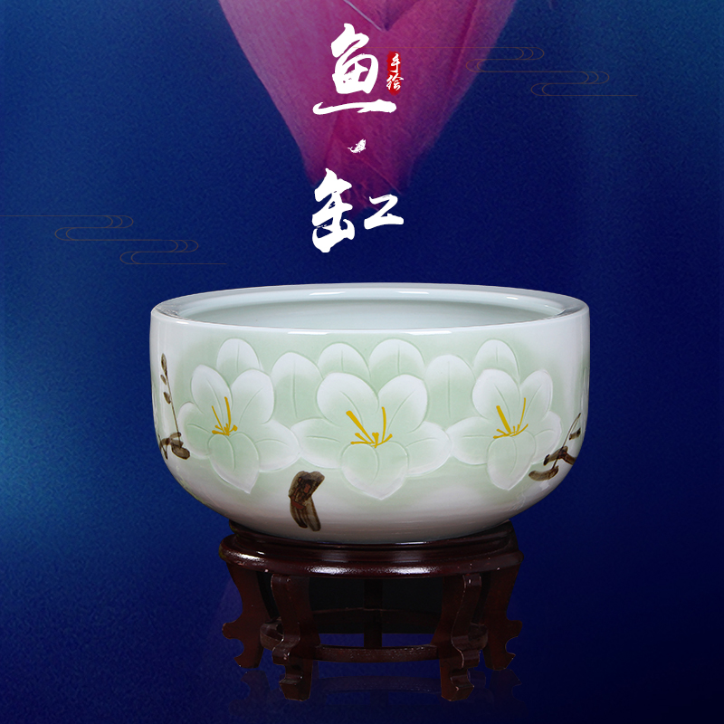 Jingdezhen ceramic aquarium turtle cylinder goldfish bowl lotus cylinder fish bowl lotus lotus cylinder furnishing articles in the living room