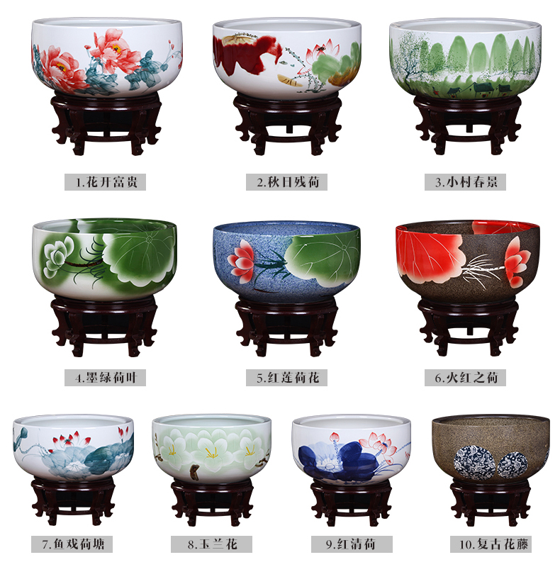 Jingdezhen ceramic aquarium turtle cylinder goldfish bowl lotus cylinder fish bowl lotus lotus cylinder furnishing articles in the living room