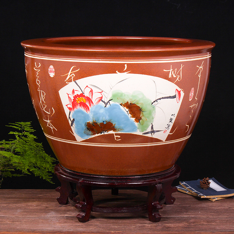 Jingdezhen ceramic aquarium turtle cylinder basin of water lily lotus goldfish bowl sitting room king fish bowl lotus cylinder