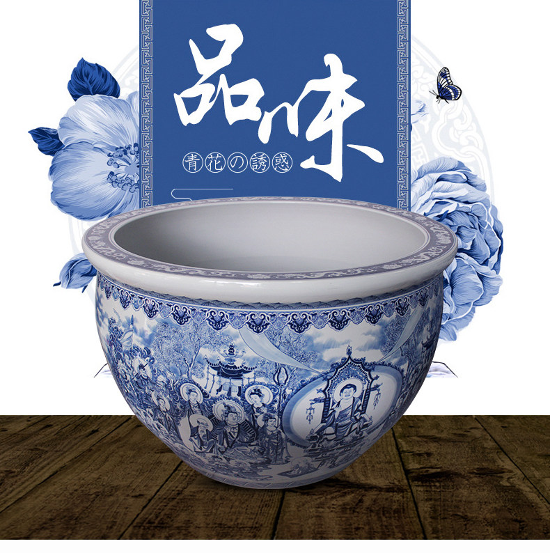 Blue and white porcelain tank 1 meter big basin of water tanks porcelain jar water lily lotus bowl lotus cylinder cylinder tortoise courtyard