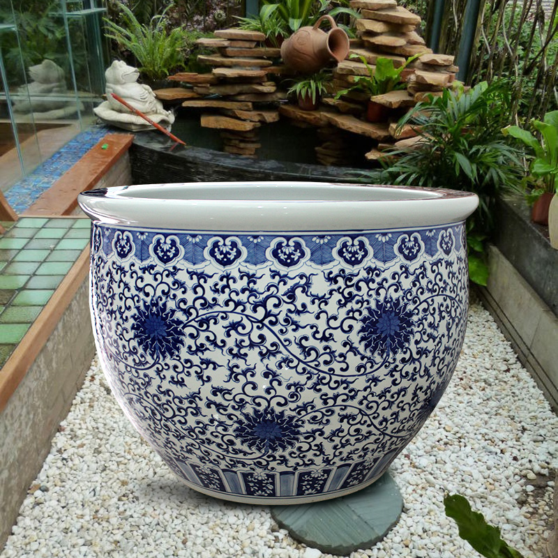 Blue and white porcelain tank 1 meter big basin of water tanks porcelain jar water lily lotus bowl lotus cylinder cylinder tortoise courtyard