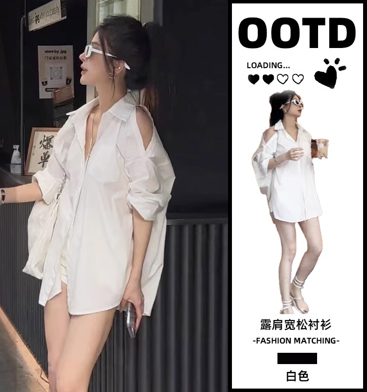 White Mid-Length Loose Off-Shoulder Shirt for Women, Summer 2026 New Style, Long-Sleeved Polo Collar Design, Niche Top White Mid-Length Loose Off-Shoulder Shirt for Women, Summer 2026 New Style, Long-Sleeved Polo Collar Design, Niche Top