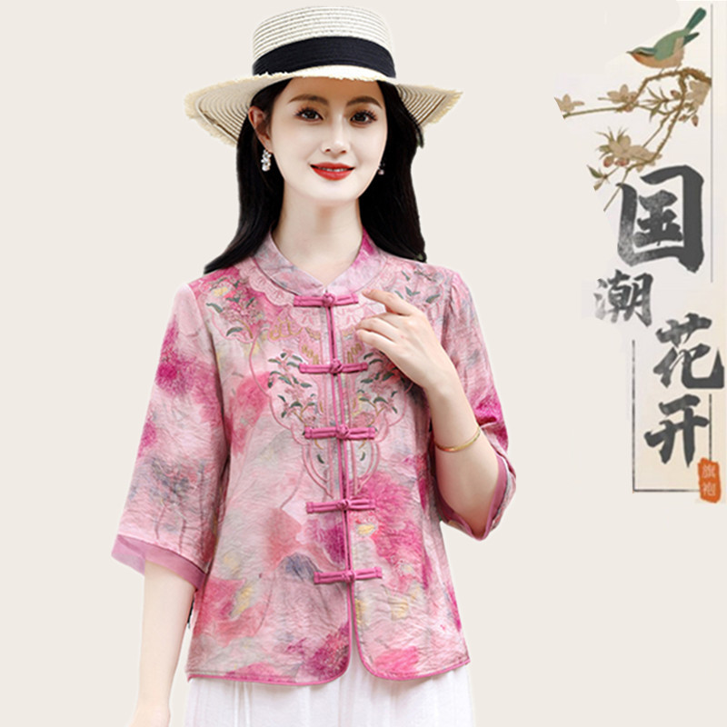 New Chinoiserie Tops for Women, Short-Sleeved Summer Mother's Wear, Chinoiserie Button-Down Shirts, Women's Mid-Sleeve T-Shirts, Cotton and Linen Shirts, Cardigans