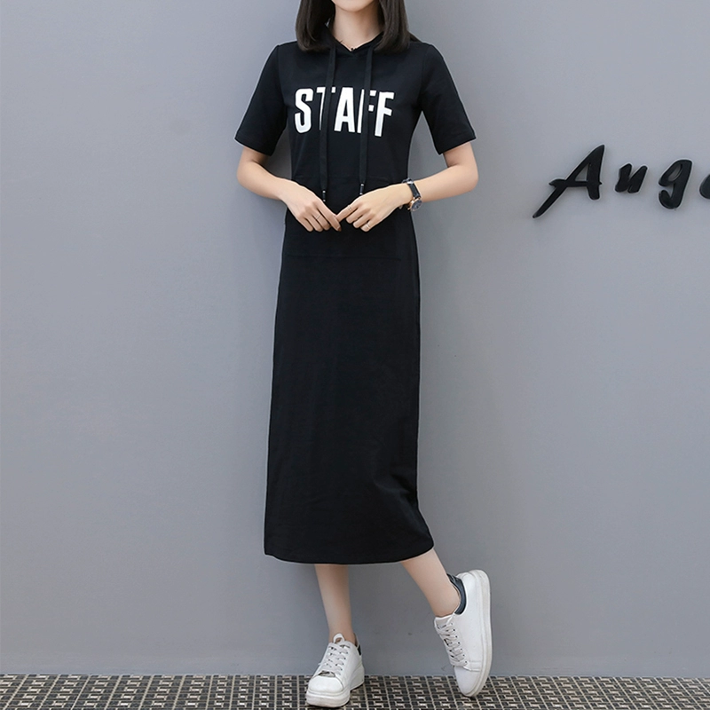 Ga châu âu plus size nữ béo mn đầm suông kiểu tây có mũ trùm đầu mùa hè áo thun tay ngắn nữ váy dài xu hướng hàng châu âu - Váy dài