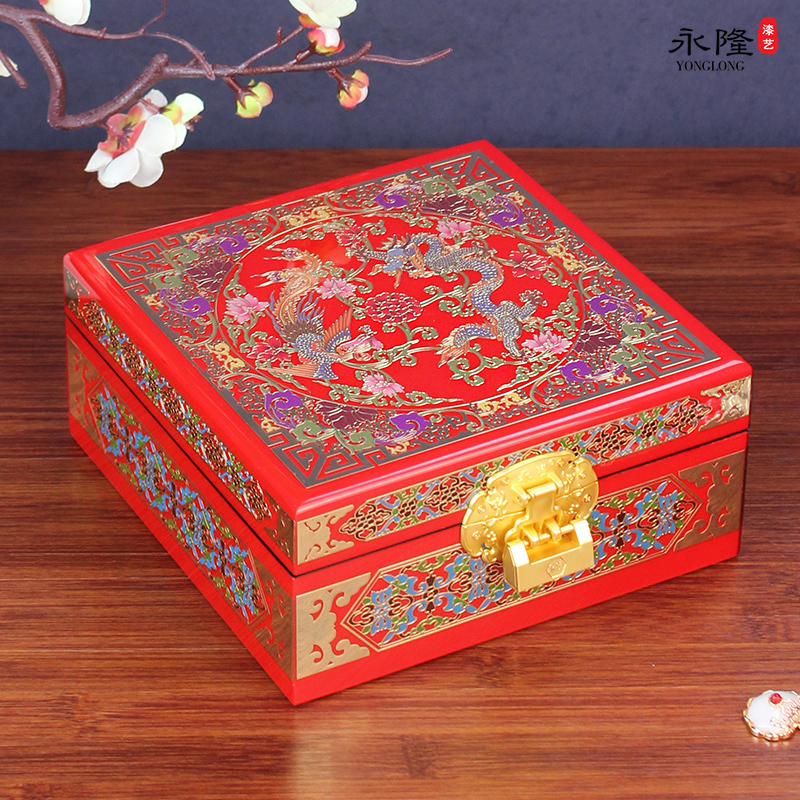 Pingyao Lacquerware Dowry Jewelry Box Red Retro Three-Gold Jewelry Storage Box Exquisite Wooden Wedding Gift