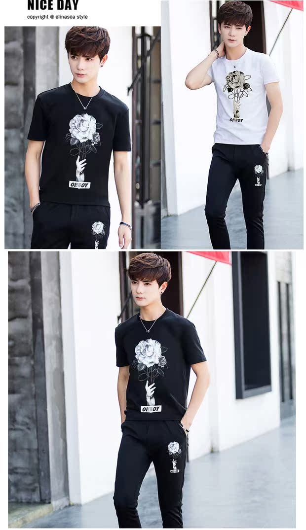 Áo thun lưới nam màu đỏ thủy triều 2019 mới thiết lập set đồ nam đẹp trai phiên bản Hàn Quốc đẹp nhất xu hướng áo ngắn tay mùa hè - Bộ đồ quần áo nam đẹp