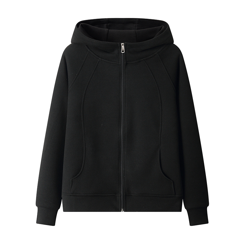 American-Style Cardigan High-Neck Sweatshirt for Women, Spring and Autumn, Fleece-Lined and Thickened, 2026 New Popular Slim-Fit Black Hooded Jacket