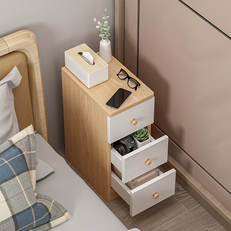 Ultra narrow bed head cabinet Small modern minimalist bedroom with bedside cabinet imitation solid wood mini gap Easy small cabinet