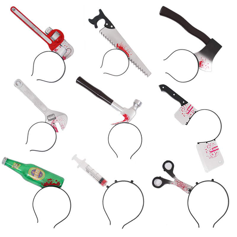 Halloween prank headwear, bar scary props, kitchen knife, syringe, headband, funny decorations, costumes, makeup props