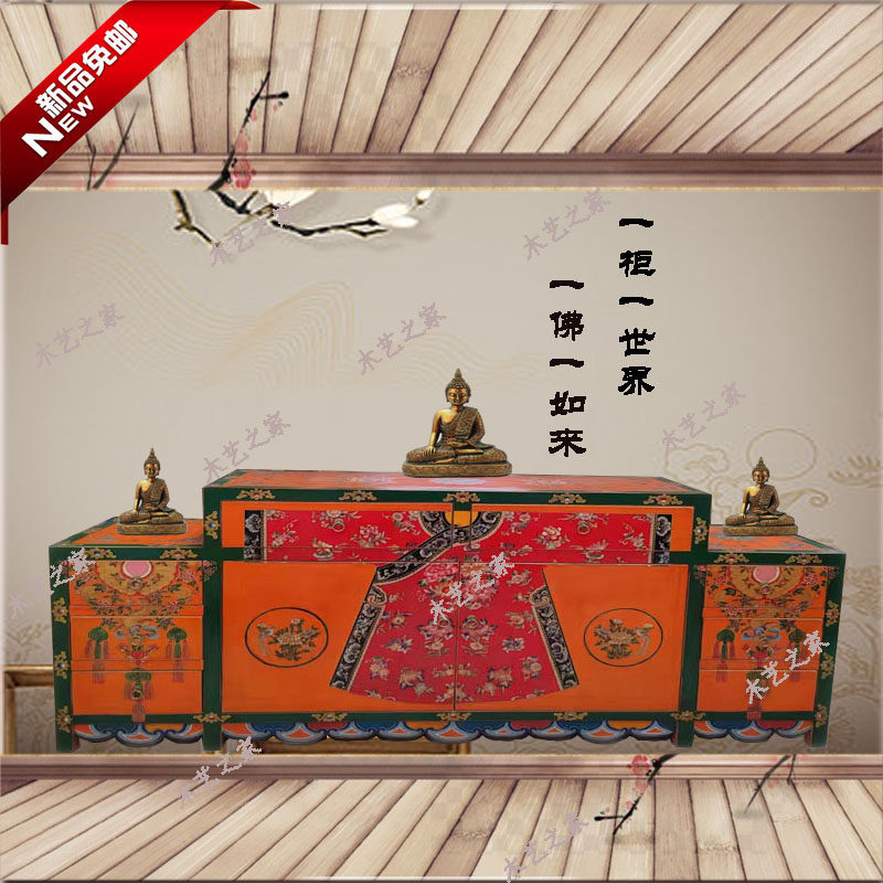 Internet celebrity new Chinese style retro pine solid wood painted old furniture cabinet custom porch cabinet floor dressing table