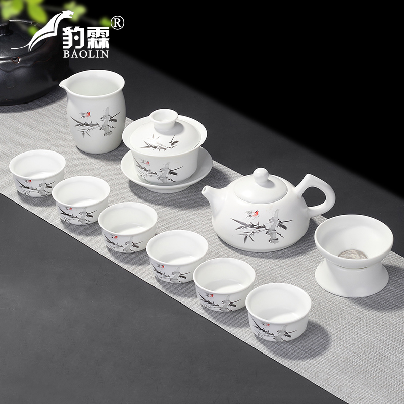 Leopard lam, ceramic kung fu tea set suit household teapot contracted and I tea cups dehua white porcelain small set of ideas