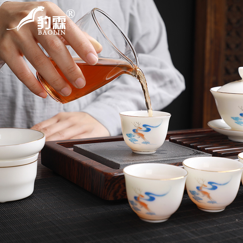 Leopard lam suet jade white porcelain ceramic gift box kung fu tea set suits for domestic high - grade jade porcelain jingdezhen tea cups