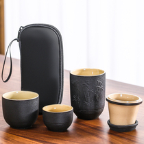 Leopard fast guest Cup single portable bag portable travel tea set black pottery tea maker kung fu teapot tea cup set