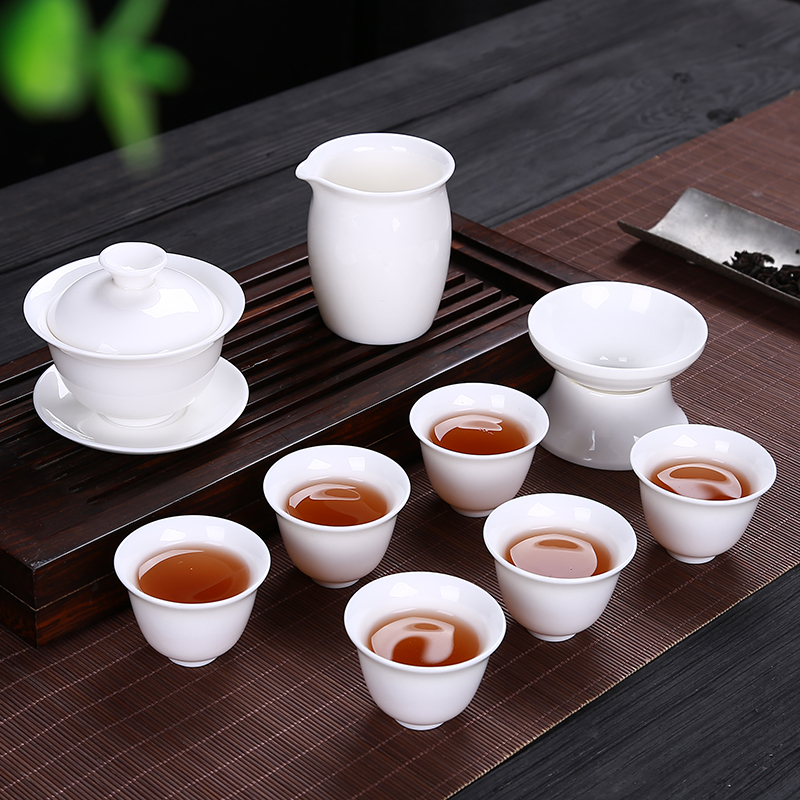 Leopard lam, premium suet jade porcelain box kung fu tea set household ceramic white porcelain tea cups office tureen