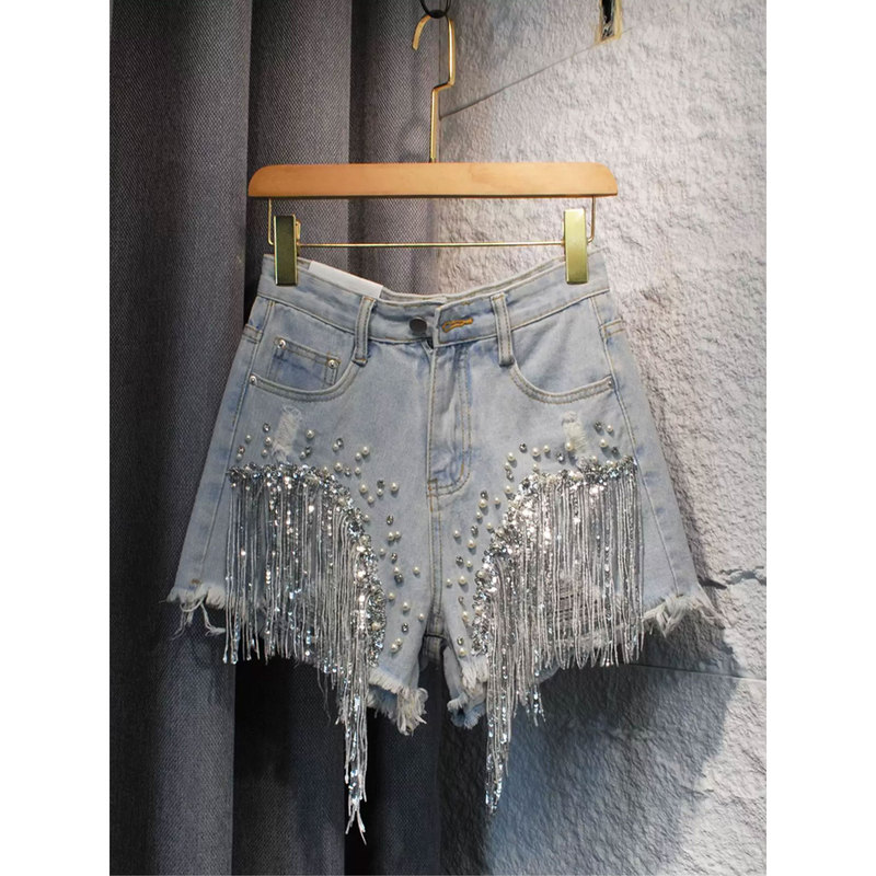 American Retro Denim Shorts for Women, Summer Plus Size, High-Waisted, Slimming, Heavy-Duty Rhinestone Tassel Wide-Leg A-Line Hot Pants