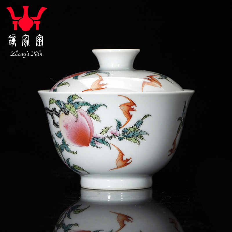 Clock home high - end colored enamel porcelain up tureen jingdezhen peach three tureen tea bowl with single cups