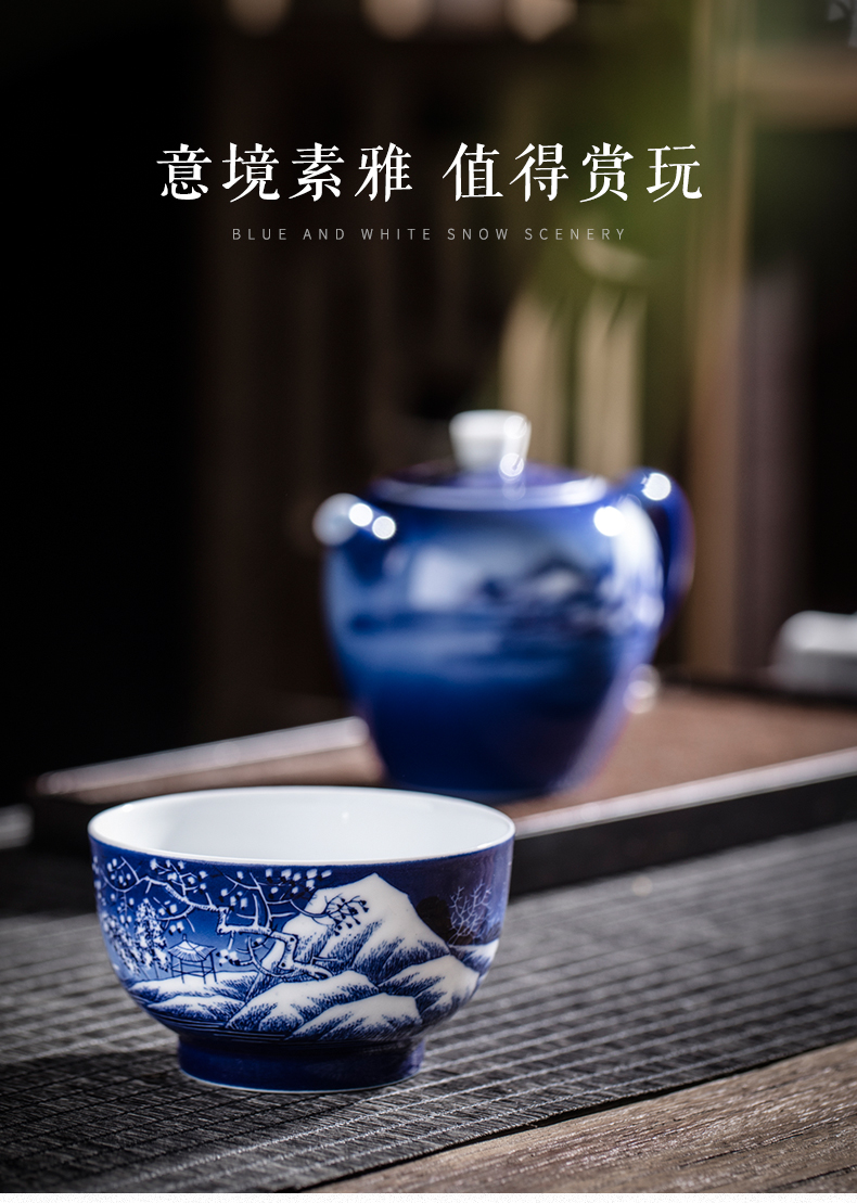 Clock home trade, one cup of single CPU jingdezhen blue and white snow tea by hand, the high - end tea set triangle flowers pattern circle kung fu tea cups