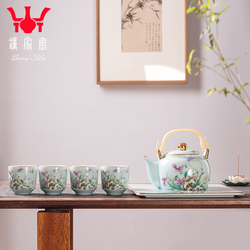 Clock home up of a complete set of domestic high - end tea tea sets jingdezhen colored enamel tea service office small tea table