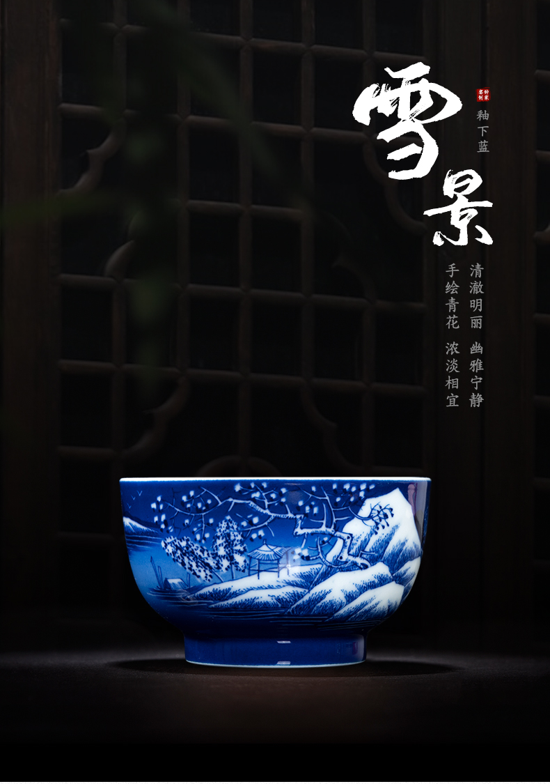 Clock home trade, one cup of single CPU jingdezhen blue and white snow tea by hand, the high - end tea set triangle flowers pattern circle kung fu tea cups