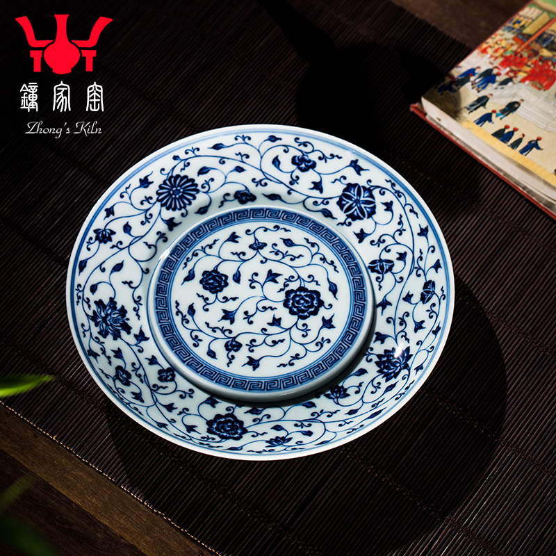 Zhongjia kiln pot chengdezhen blue and white wood kiln tangled branch pattern pot bearing dry bubble pot bearing plate water storage purple sand pot bearing