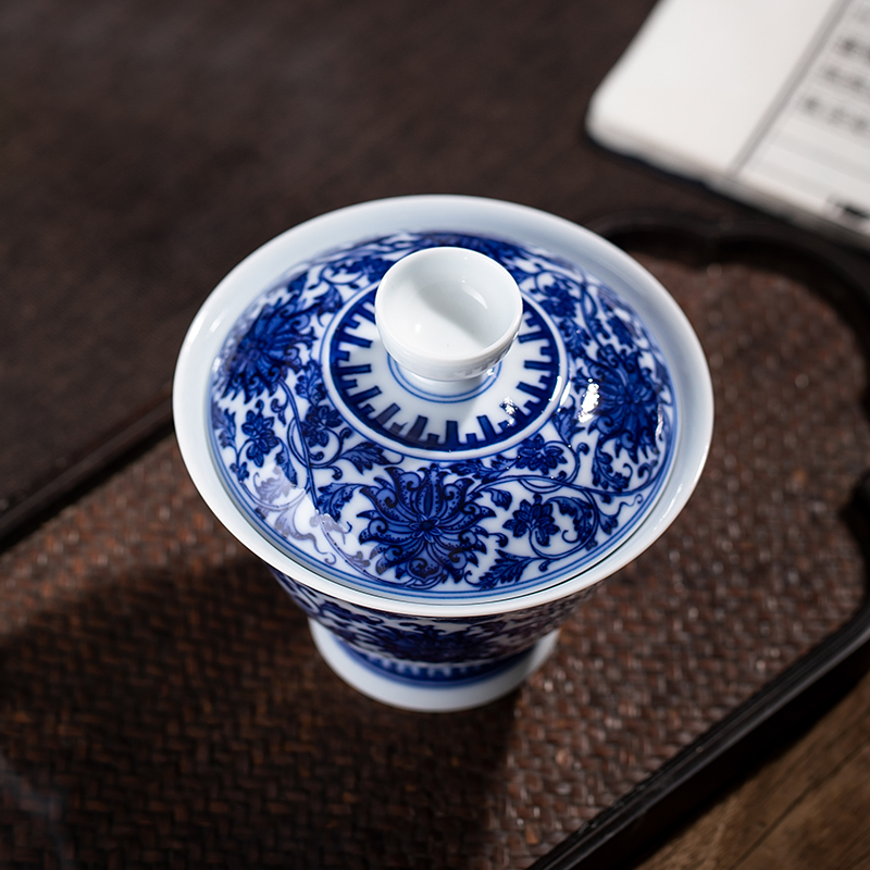 Clock home up jingdezhen blue and white maintain hand - made tureen cup tie up lotus flower ceramic bowl only three cups of tea bowl of tea set