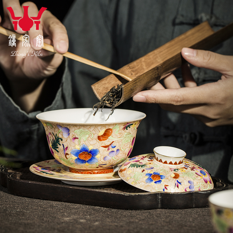 Clock home up ceramic tureen jingdezhen tea cups wire inlay enamel colors branch flowers large kung fu tea bowl