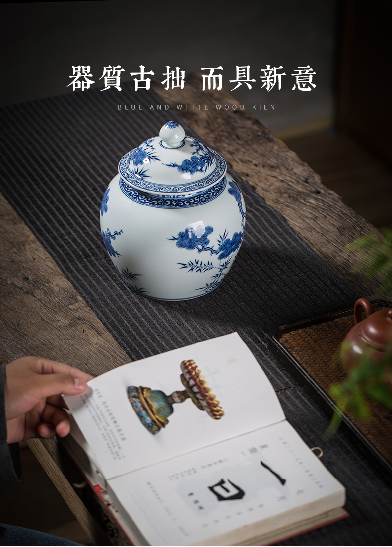 Clock home up caddy fixings tea tank storage tank blue - and - white maintain shochiku mei ceramic seal as cans of high - quality goods