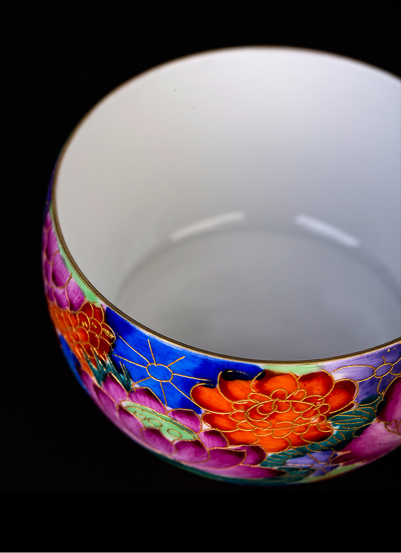 Clock home up jingdezhen kung fu tea bowl hand - made enamel wire inlay master cup single CPU peony lotus cup by hand