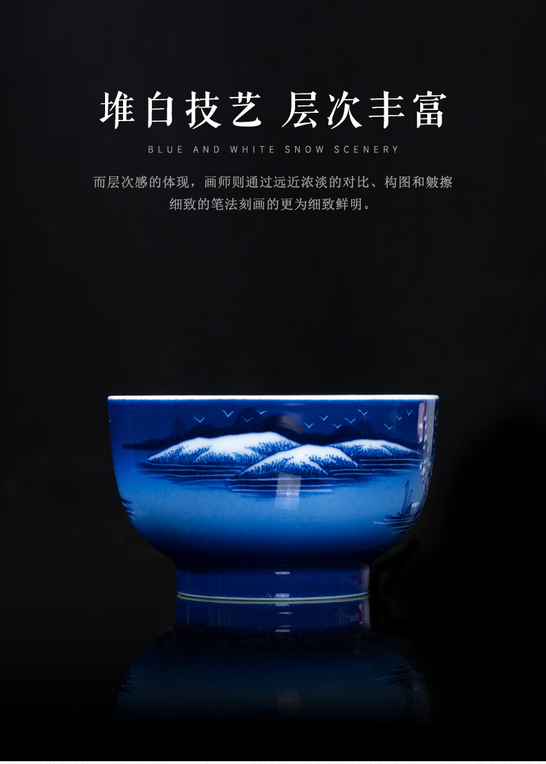 Clock home trade, one cup of single CPU jingdezhen blue and white snow tea by hand, the high - end tea set triangle flowers pattern circle kung fu tea cups