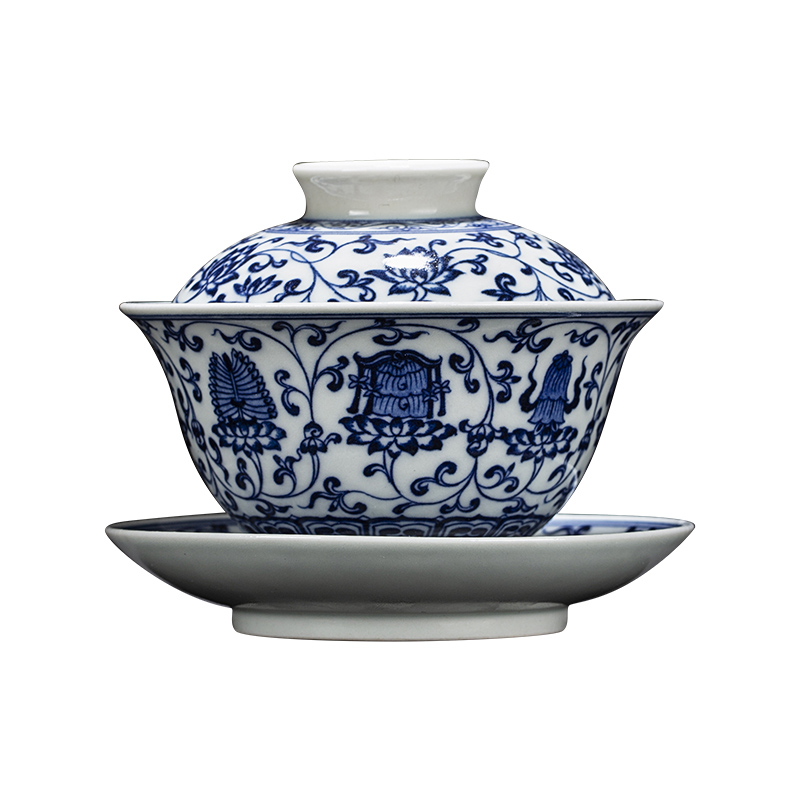 Clock home up to burn tureen single jingdezhen blue and white tie up branches in a three to make tea cup pure manual large bowl