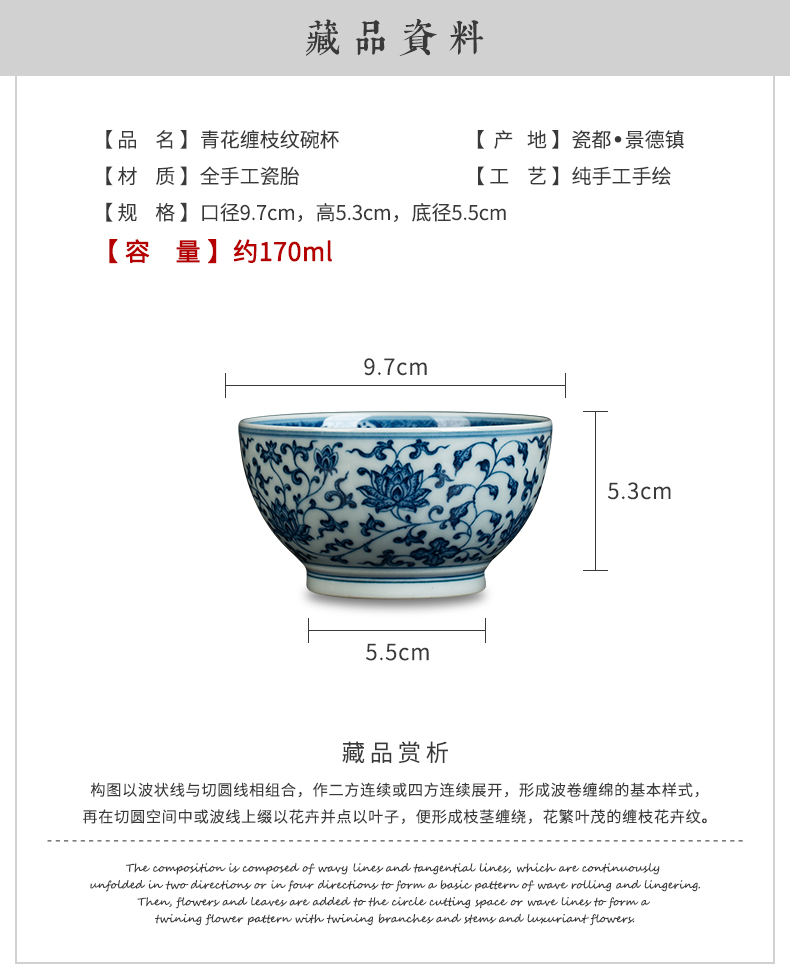 Clock home trade, one cup of single CPU jingdezhen blue and white maintain hand - made teacup branch high - end sample tea cup flower pattern