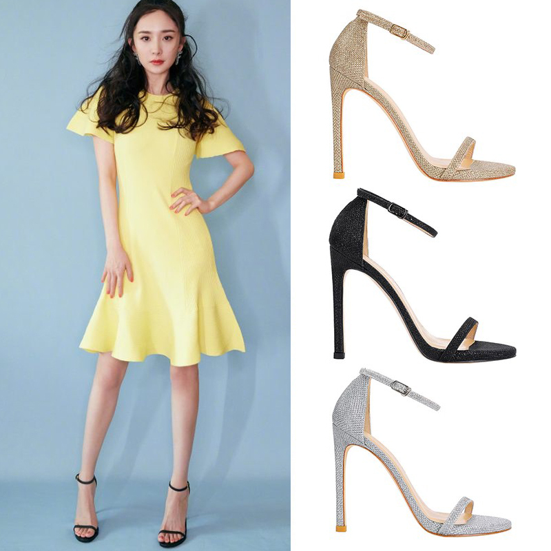 2025 Summer New Style Versatile Stiletto Gold Sequin High Heels Super Popular One-Strap Buckle Sandals for Women