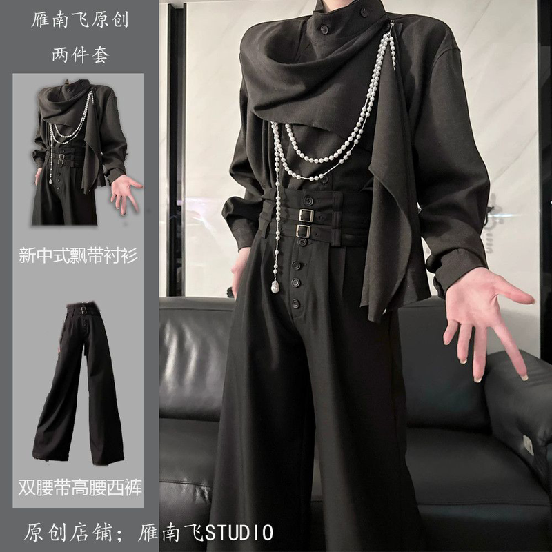 National Trend Yamamoto Short-Sleeved Shirt, Chinese-Style Top with Ribbon Design, Autumn Lazy Style, Niche Scarf, Unisex Shirt Le