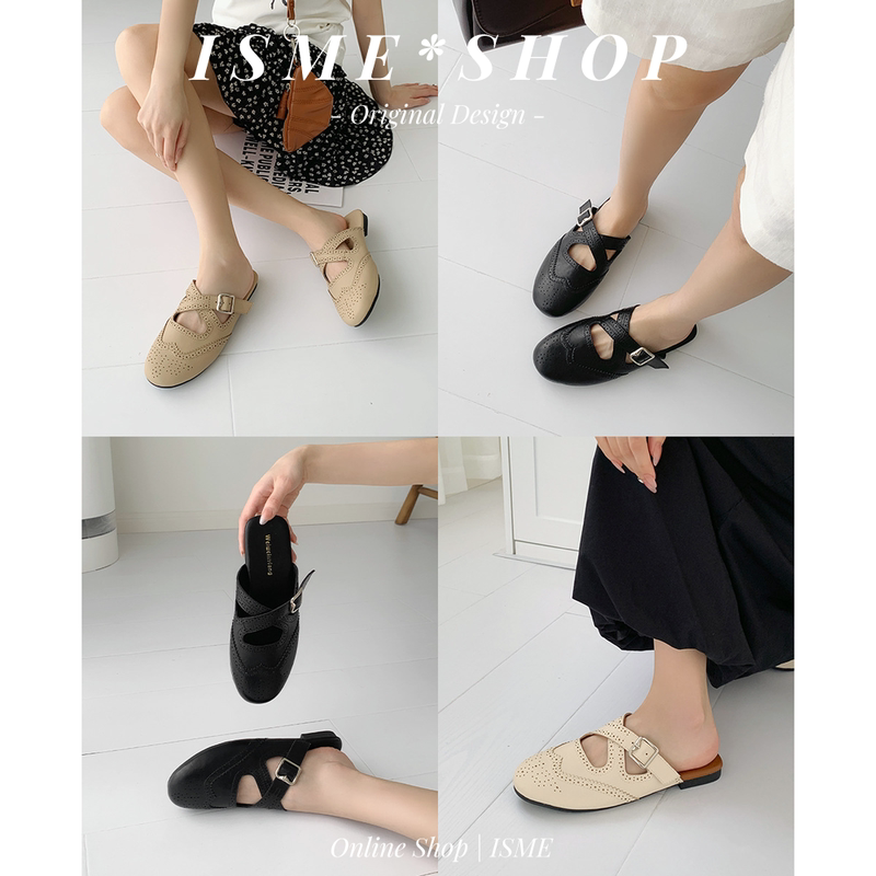 Flat Shoes with Buckle Straps and Carved Patterns, New Style for Women, Cross-Strap Half Slippers with Hollow Design, Suitable for Spring and Summer, to Pair with Dresses, Elegant Style