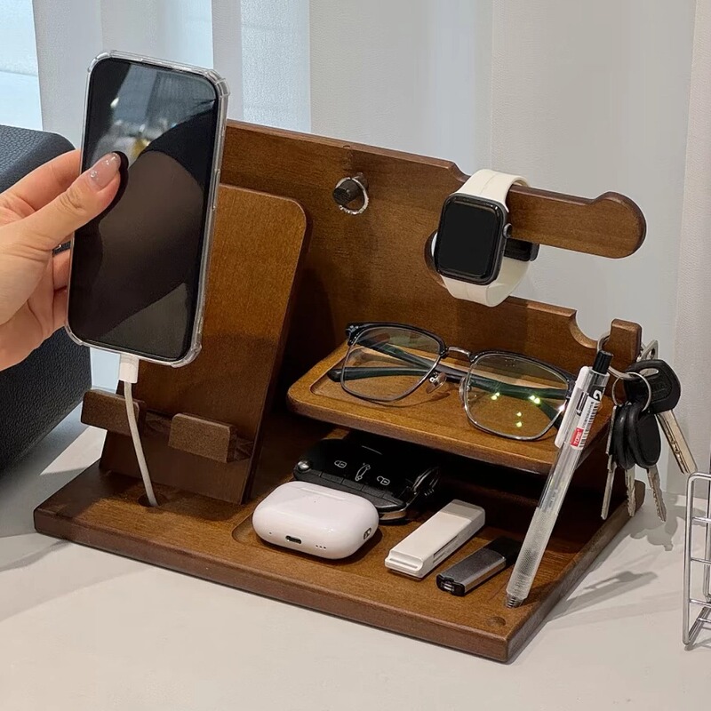 Multifunctional Mobile Phone Storage Rack, Home Desktop Organizer, Watch and Earphone Storage Box, Simple Style, Solid Wood